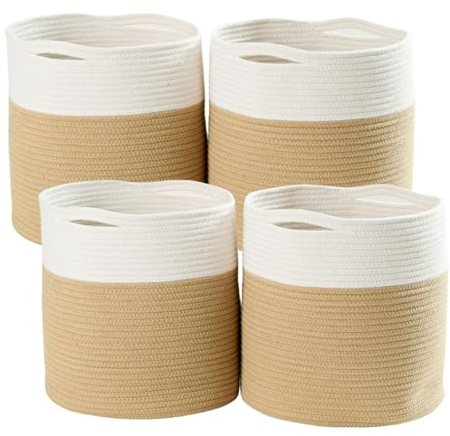 Sagittar 33x33cm Geflochten Aufbewahrungskorb für Würfelregal, Baumwolle mit Griffen, Spielzeug Aufbewahrung für Kinderzimmer, Handtuchkorb für Badezimmer, Übertopf Korb für Wohnzimmer, Khaki und Weiß