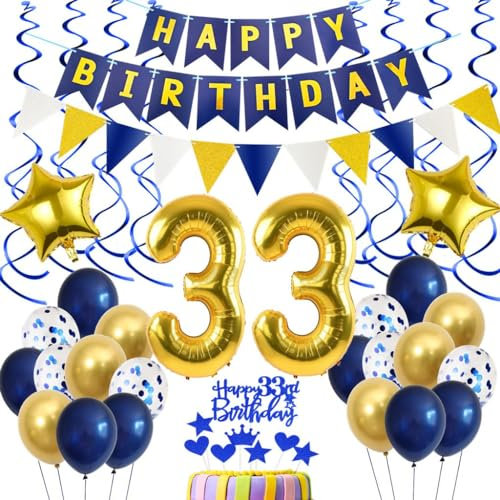 Decoración Cumpleaños 33 Años Hombre - Globos Azul y Oro, Topper Tarta, Deco