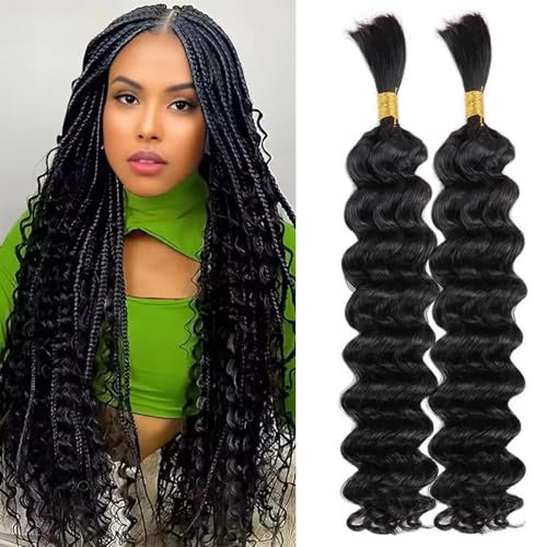 Double Drawn Human Hair Extensions For Braiding Human Hair Braiding Hair For Micro Braids 20 Inch Human Hair Bulks For Braiding No Weft Same Thick From Root To Ends Braids Deep Wave 1b 100g（50g x 2）