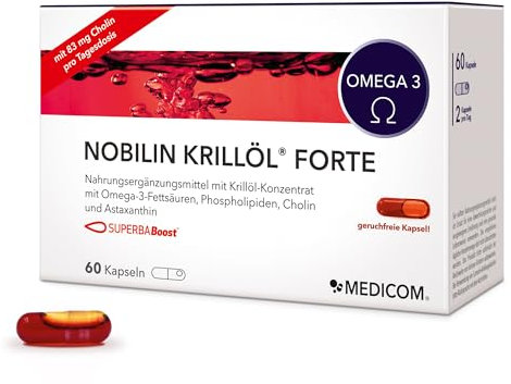 Medicom – Nobilin Krillöl Forte - Krillöl Omega-3-Fettsäuren mit EPA & DHA, Cholin, Astaxanthin, Gesundheitsunterstützung, Für Herz, Augen und Gehirn, Einzigartige Nährstoffkombination – 60 Kapseln