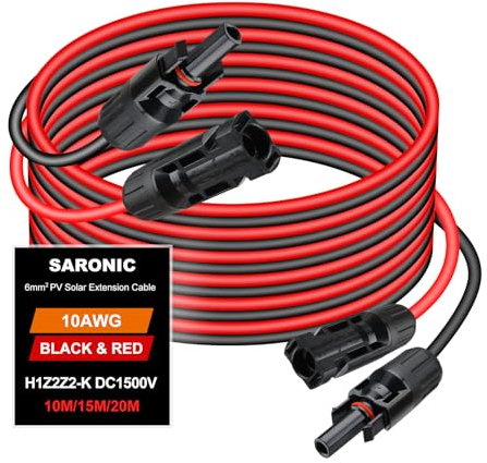 Câble d'extension Solaire 6mm²/10AWG, Câble Solaire 20m/65.6FT avec connecteur Femelle et mâle Kit de câble pour Panneau Solaire Câble photovoltaïque pour Panneaux solaires Systèmes photovoltaïques