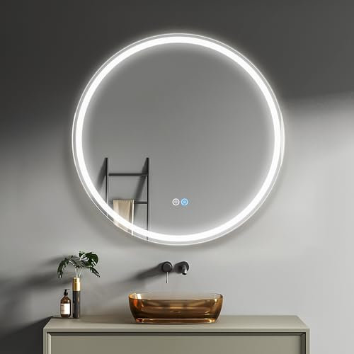 Sunowl Bathroom Mirror with LED Lights, 500x500mm Illuminated Bathroom Mirror, Wall-Mounted Vanity Mirrors 3 Colors Dimmable/Demister Pad, Horizontal/Vertical