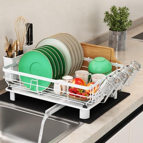 Dish Drainer Rack, Dish Drainer with Drip Tray, Stainless Steel Dish Rack with Swivel Drainage Spout, Draining Board Rack with Utensil Holder, Cup Holder and Drying Mat, White