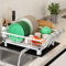 Dish Drainer Rack, Dish Drainer with Drip Tray, Stainless Steel Dish Rack with Swivel Drainage Spout, Draining Board Rack with Utensil Holder, Cup Holder and Drying Mat, White