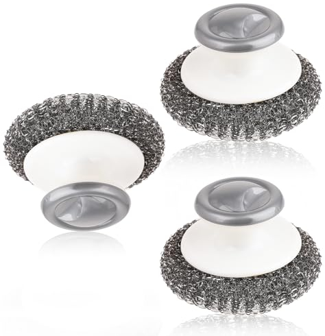 Abeillo 3 Brosses à Récurer en Laine d'acier avec Poignée, Brosses à Récurer de Cuisine pour Le Nettoyage, éponges Métalliques pour Fonte évier Vaisselle Marmites Poêles Grills et