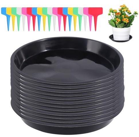 12 Pièces Coupelle Pot de Fleur Soucoupe Pot Fleur Plastique Soucoupes Pots de Fleurs avec 18 Étiquettes sous Pot de Fleur Rond Dessous de Verre pour Plantes D'intérieur et D'extérieur