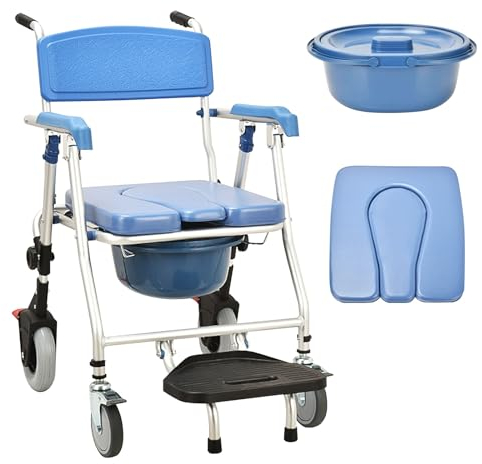 Toilettenstuhl Fahrbar, Klappbarer Duschstuhl mit Rollen, Toilettenstuhl Klappbare mit Armlehne Und Fußhocker für Senioren, Behinderten, Schwangere Frau, Stark und Robust