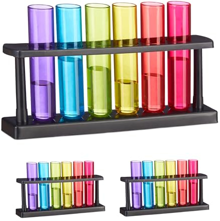 Relaxdays Pack Tubos de Ensayo para Chupitos, 18 Vasos de Shots, 3 Soportes, Plástico, 40 ml, para Fiestas, Multicolor, 13 x 23,5 x 4 cm