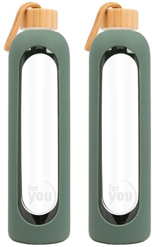 for you Nachhaltige Trinkflasche | 1000ml aus Glas mit Silikonhülle & spülmaschinenfest | 1Liter Auslaufsichere Wasserflasche mit Bambusdeckel | geeignet von -20°C – 150°C (Doppelpack Green Olive)