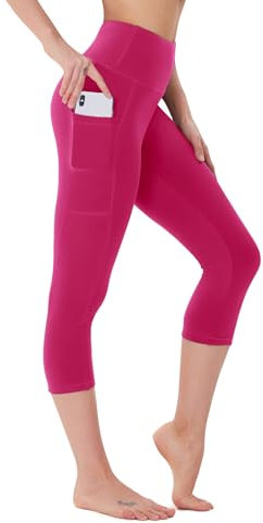 FOTOCITI Leggings Damen mit Tasche Capri Leggins High Waist Caprihose Sommer Blickdicht Sportleggins Sporthose Hose Gym Outdoor Yoga(Rot,L-XL)