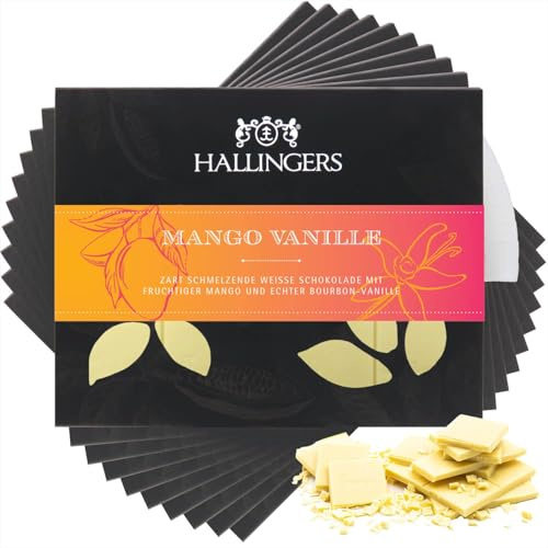 Hallingers Genuss Manufaktur Weiße Schokolade Geschenk - Tafel handgeschöpfter Edelkakao ohne Alkohol edler Karton 10x Mango-Vanille Mango-Vanille, Geschenkidee für Frauen Männer