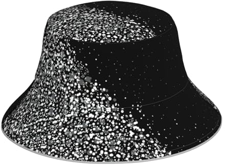 Ljirgdh Fischerhut für Herren und Damen, mit Glitzer-Druck, reflektierend, für Erwachsene, lässiger Rave-Hut, doppelseitig, Schwarz / Weiß, Schwarz