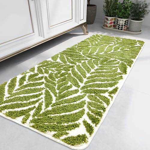 Homantic Badezimmerläufer-Teppich, weiche, große Badematte, grüner Teppich für Schlafzimmer, Nachttisch, rutschfeste Lange Matte, Blätter-Dekor, 60 x 150 cm