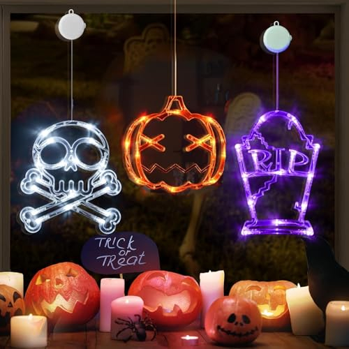 LOLStar Halloween Deko 3-Pack: Orange Kürbis, Weißer Schädel, Lila Grabstein - Fenster Lichter Mit Saugnapf, Batteriebetrieben, Langsamer Fade Modus Und Timer Funktion