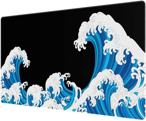 Anpollo Large Mouse Pad Desk Mat 900 x 400 x 3mm Cool Sea Wave Texture Non-Slip Rubber Base Wave Mousepad Stitched Edges Keyboard Mouse Mat Desk Pad for Office Home Game - Black and white sea wave