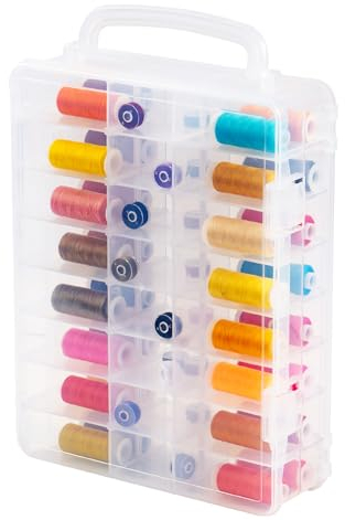 adorbox Nähgarnbox mit Griff, Doppelseitige 48 Fächer Aufbewahrungsbox, Transparente Kunststoffbox für Stickgarne, Nähzubehör, Schmuck, Bastelbedarf (34,5 x 26,5 x 9 cm)
