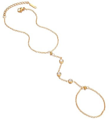 IMINI CZ Finger Ring Bracelet Hand Chain Stainless Steel Crystal Diamond Slave Link Chain Hand Harness Bracelet 14K Gold Plated Accessories Jewelry Gifts for Women Girls Birthday (With CZ)