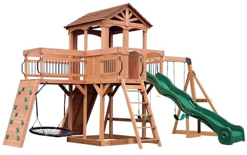 Backyard Discovery Sterling Point Spielturm aus Holz XXL | Spielplatz für Kinder mit Schaukeln/Rutsche/Sandkasten/Kletterwand/Nestschaukel | Spielhaus/Kletterturm mit Brücke für den Garten