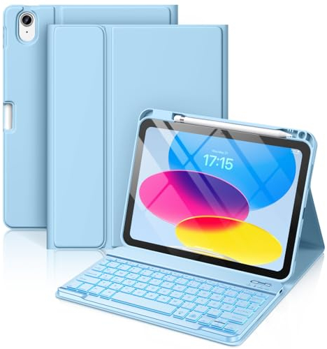 Vobafe Keyboard Case for iPad A16 11th Generation 2025/10th Generation 2022(11/10.9 inch), 7 Colors Backlit Detachable Folio Keyboard Cover with Pencil Holder for iPad 11/10 Gen, UK Layout, LightBlue