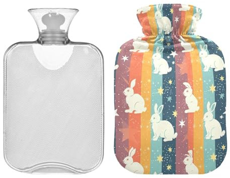 Grande bouillotte de 2 L avec housse mignonne, lapins colorés et étoiles, sac d'eau chaude durable pour réchauffer les mains et les pieds, les crampes menstruelles, le cou, les épaules, le soulagement