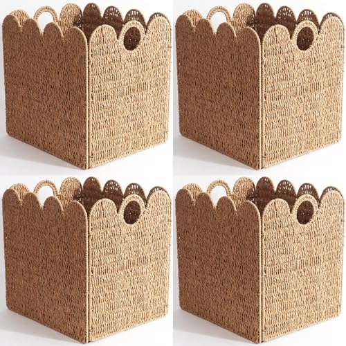Scalloped Wicker Storage Cubes Basket, 12”x12“ Heavy Duty Paper rope/Hyacinth/Seagrass Baskets for Shelves, Foldable Natural Boho Square Bins (Paper Rope, 12 x 12 x 12in, 4-Pack)