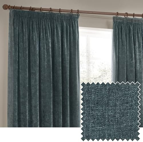 furn. Yard Heavy Chenille Pencil Pleat Curtain Pair – Lined Room Darkening Soft Velvet Curtains (Marine - Width 168 x Drop 229cm)