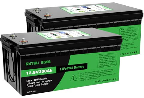 DATOUBOSS Batterie 12V 300Ah LiFePO4, Batterie Lithium 3840Wh avec BMS 200A, 4500-15000 cycles profonds, prise en charge en connexion série/parallèle, pour camping-car, panneau solaire, marine, ménage
