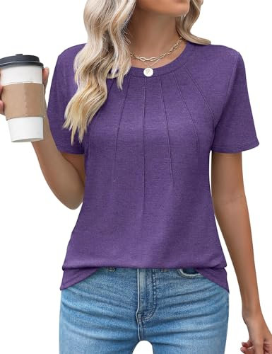 Cuptacc Sommer Tshirt Damen Rundhalsausschnitt Mit Falten Oberteile Kurzarm Tunika Einfarbig Bluse Damen Elegant Lila XL 46-48