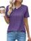 Cuptacc Sommer Tshirt Damen Rundhalsausschnitt Mit Falten Oberteile Kurzarm Tunika Einfarbig Bluse Damen Elegant Lila XL 46-48