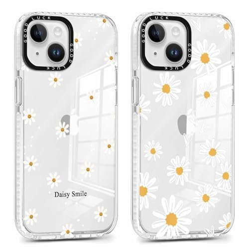 Foonary 2 Pack Clear Flowers Print Phone Case for iPhone 13 Mini 5.4, with Daisy Design Aesthetics Transparent Pattern Soft Silicone Cases,Shockproof Bumper Protector Girls Cover, for iPhone 13 Mini