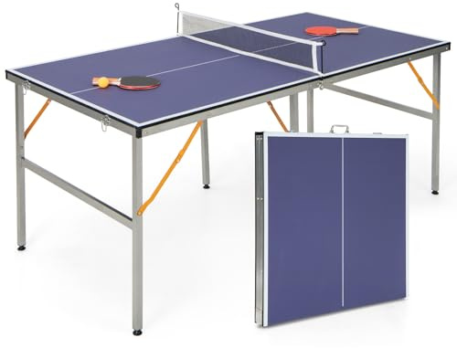 GYMAX - Mesa de ping pong, plegable, portátil, 2 raquetas y 3 bolas, juego de tenis de mesa, para interior y exterior, para adolescentes y adultos, 180 x 90 x 76 cm