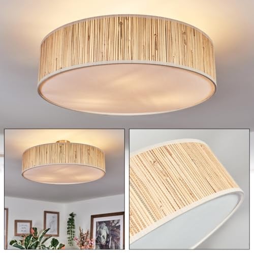 HOFSTEIN Deckenleuchte Foggia, Deckenlampe aus Metall/Papiergeflecht/Stoff/Kunststoff in Nickel-matt/Naturfarben/Weiß, runde Boho Leuchte (Ø 50 cm), E27, Esszimmer, Wohnzimmer, Schlafzimmer, Küche