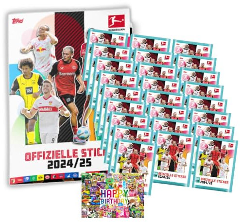 Bundle mit Topps Bundesliga Sticker 2025 - Fußball Sammelsticker - 1 Album + 25 Tüten + Exklusive Geburtstagskarte