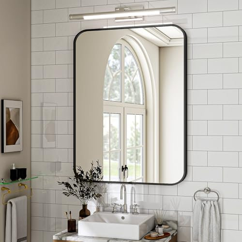 Koonmi Wandspiegel schwarz 75x100 cm Badezimmerspiegel mit runder Ecke, Morden Spiegel Wand mit Rahmen aus Aluminiumlegierung für Wand montiert horizontal oder vertikal, Schwarz