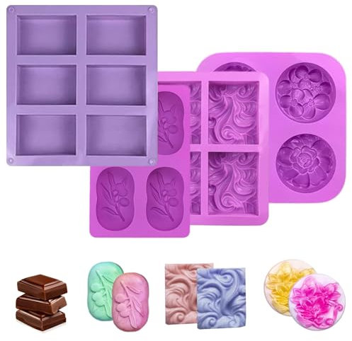 4 Pack Silicone Soap Moulds, Reusable Soap Making Molds with Waves/Flower/Olive Pattern, Nonstick & BPA Free for Making Craft Candle Candy Chocolate Baking Jelly Cake