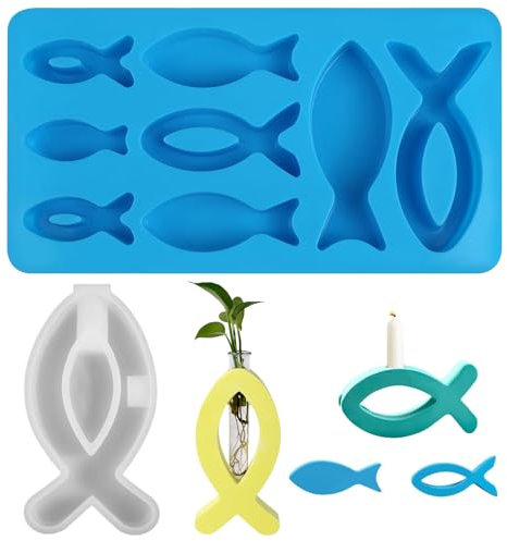 Hshenjhu 2 Stück Silikonform Fisch, 8 Gitter Silikonformen Gießformen, DIY Gießform Fische, Silikonform Fisch Kerzenhalter, Gießform Wasserbewohner für Seife, Kuchen, Kommunion Konfirmation Deko