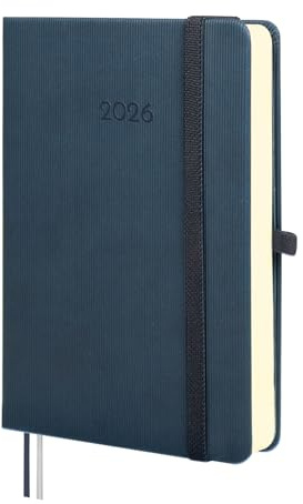 Finocam - Kalender 2026, 1 Tag pro Seite, Januar - Dezember (12 Monate), Jahresplaner 2026, mit Gummizug und 2 Strickbändern, fester Einband, minimalistische Textur, Blau, Katalanisch
