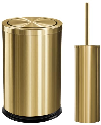 Maxdot 2 Pcs 2.4 Gallon/9 L Gold Bathroom Trash Can and Toilet Brush Set | Flip Lid Luxury Modern Garbage Trash Can, Bathroom Decor Stainless Steel, Wastebasket Bin for Office Hotel Bedroom Kitchen
