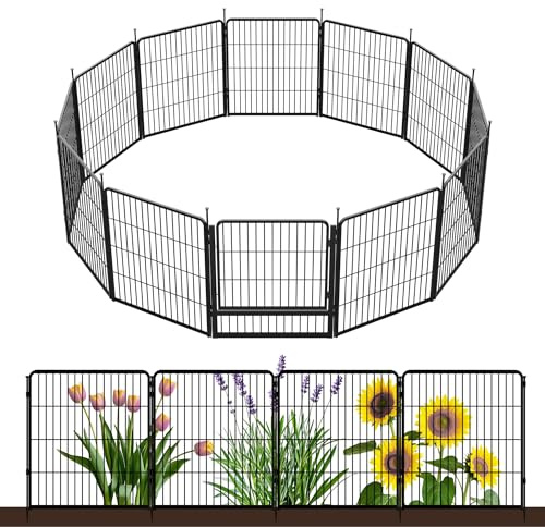 Decorative Garden Fence with Gate 80 cm(H) x 8.2 m(L) 12 Panels, Heavy Duty Metal Animal Barrier Fence for Yard, Flower Bed Fencing, Garden Border Fences, Easy Set Up, Black