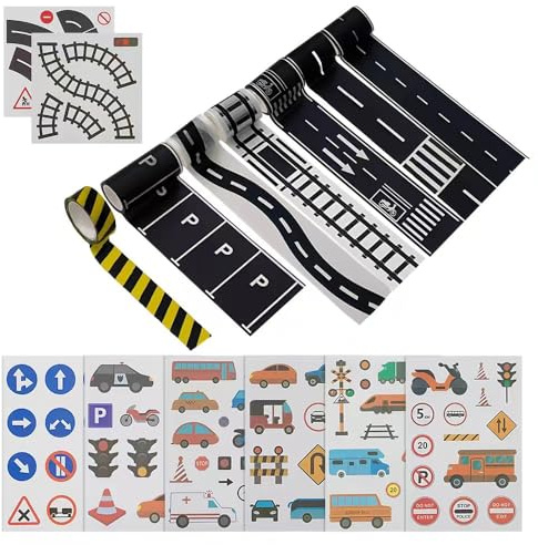 HMCEY 15 Stück Washi Tape Straße Klebeband,Straßenaufkleber Kinder,Spielstraße,Straßenbänder,Selbstklebend Straßenband Tape,Straße für Spielzeugautos,Verkehrszeichen Aufkleber,Abnehmbare Straßen