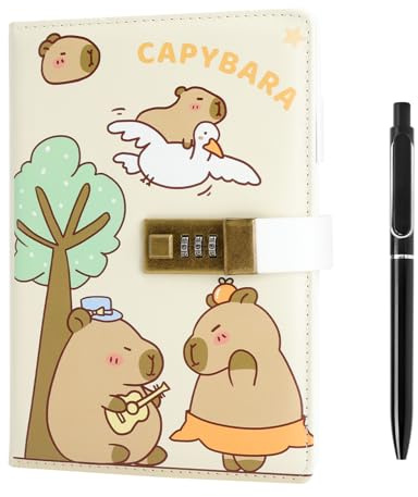 XRVRILE Tagebuch mit Schloss mit Code für Kinder – Capybara Notizbuch A5 mit Zahlenschloss, 256 Seiten, Tagebuch Kinder mit Schloss für Jungs und Mädchen inkl. 0,5 mm Edelstahl Stift