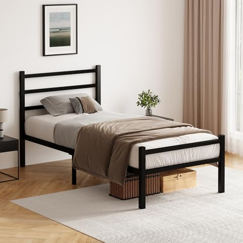 HOMBCK Single Bed Frame, Metal Platform Bed Frame, Single Bed with Headboard and Footboard, Sturdy Metal Slats, Easy Assembly, Noise Free, Black 90x190