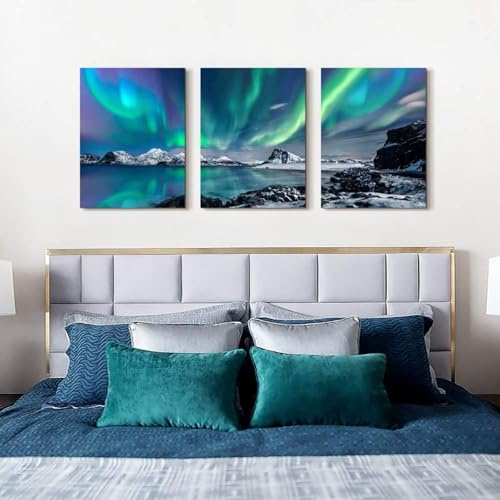 3er Nordlichter Kunstdruck Auf Leinwand,Bilder Aurora Borealis Natur Nordlicht Poster Wanddekoration,Grün Blau Sternenhimmel Natur Panorama Für Wohnzimmer Schlafzimmer Büro Ohne Rahmen (40 * 60cm)