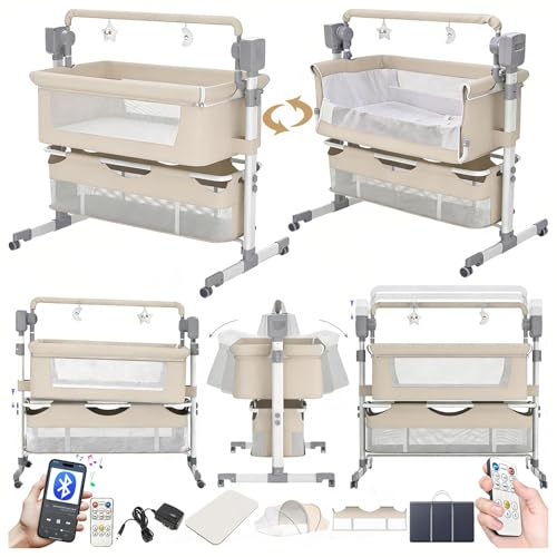 Doraystar Beistellbett Baby, Convertible Großer Raum Babybett für Co-Sleeping, Beistellbett Baby Boxspringbett mit Rollen Multifunktionale Faltbare mit 5 Schwankende Getriebe (601 Beige)
