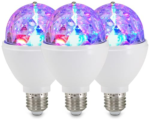 BRILONER - 3er-Set RGB Leuchtmittel, E27, 3W, Farbwechsel durch Drehung, Discokugel, Discolicht, Partylicht, Party Deko, Lampe, Glühbirne, 7,3x12,9 cm, Weiß