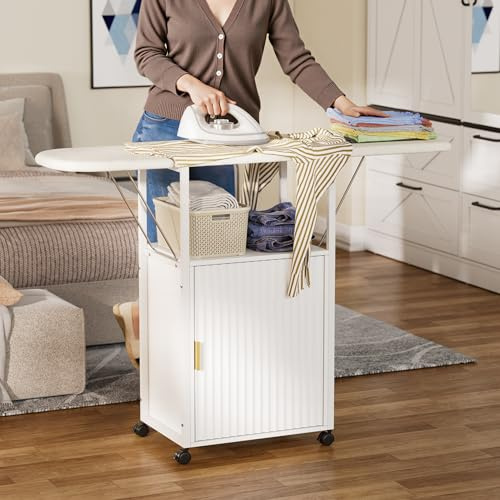 MSFE Asse da Stiro con Mobiletto Salvaspazio,Stazione da Stiro Pieghevole in Legno con Spugna Resistente al Calore,Tavolo con Contenitore,Mobile da Stirare su Ruote per Lavanderia,Bagno,Bianco