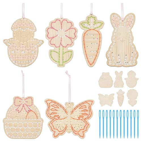 PIujsym 12 Stück Ostern Basteln Set Holz, Osterbasteln mit Kindern, Osterdeko Anhänger zum Besticken, Ostern Deko Kreativset für Mädchen und Jungen, DIY Frühling Anhänger