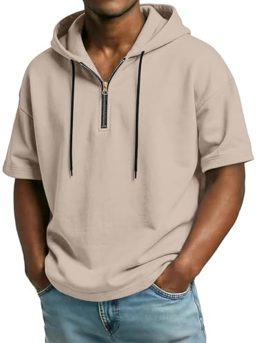 Herren T-Shirt mit Kapuze 1/4 Reißverschluss Kurzarm Hoodie Männer Training Gym Kapuze Hemd Muskel Sommer Sweatshirt Laufshirt Trainingsshirt mit Taschen