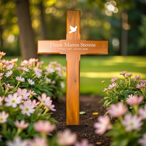 Personalised Mahogany Memorial Cross, Dove – Durable Wooden Grave Marker for Outdoor Use