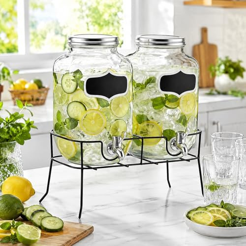 Getränkespender 2er Set Glas 4L mit Ständer, Zapfhahn & Deckel, Wasserspender Limonadenspender Saftspender Getränkedispenser für Party, Garten, Geburtstag, Hochzeit & Hausbar, Transparent/Silber
